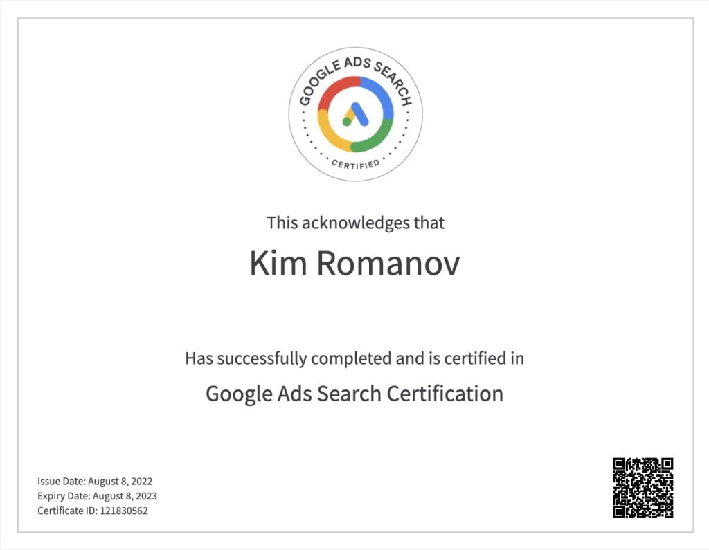 Kim Romanov - Google Ads Search Certification 2023