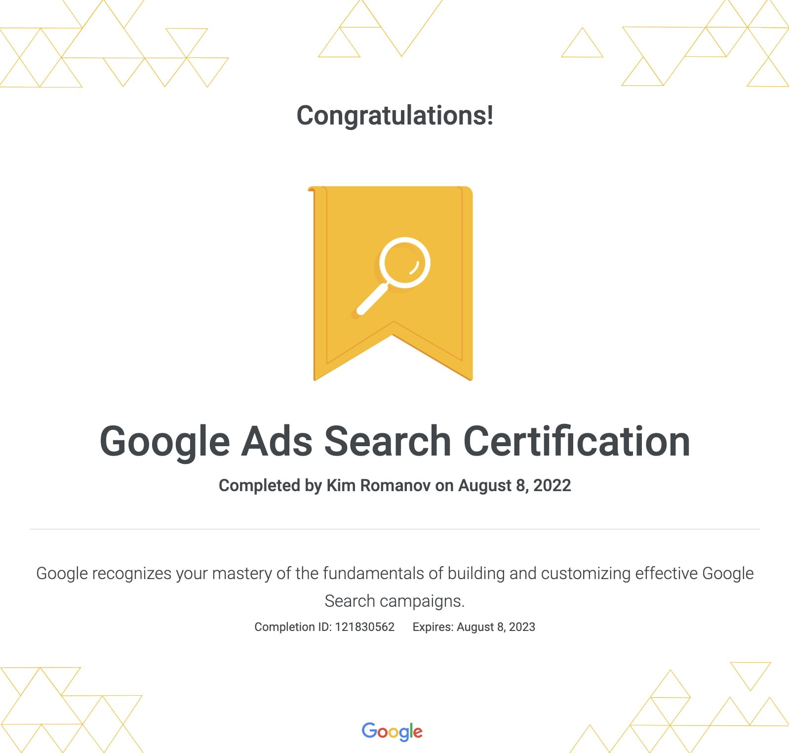 Kim Romanov - Google Ads Search Certification