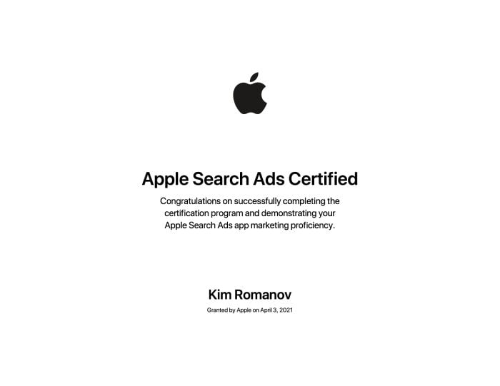Kim Romanov - Apple Search Ads Certified