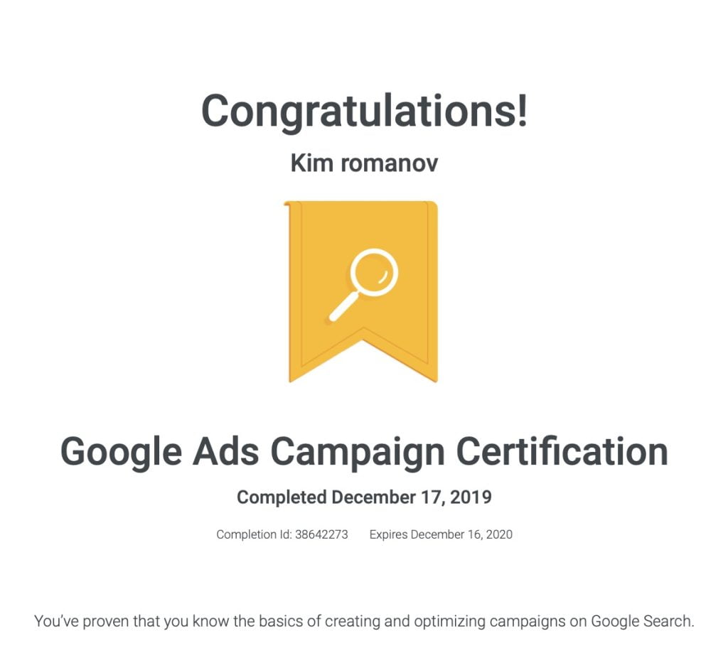 Kim Romanov - Google Ads Search Certification 2019